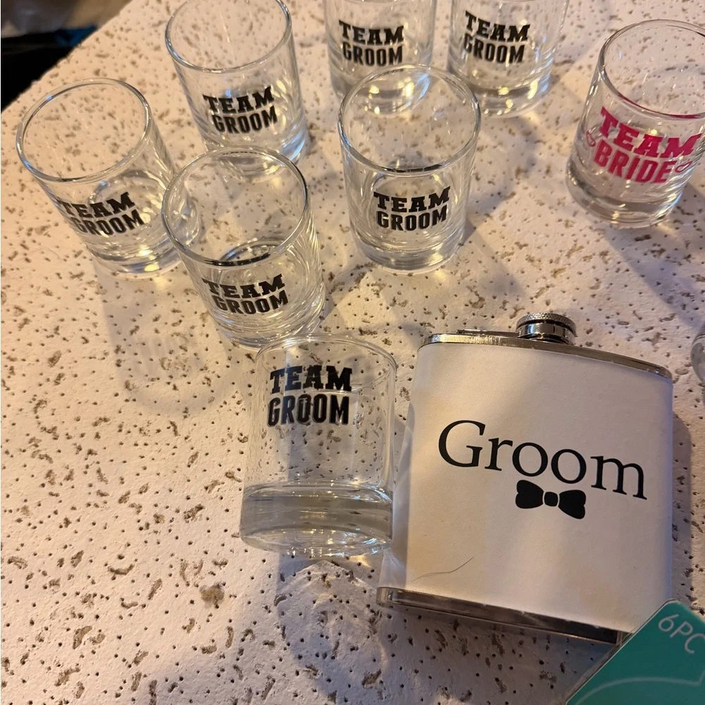 Bride & Groom Bachelorette Party Glasses and Flask Set - White and Pink
